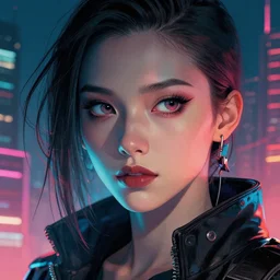 cyberpunk woman in a city, high detail, curious eyes, blended shading, in the style of ilya kuvshinov and ruan jia and art germ, artstation, madonna half body face portrait