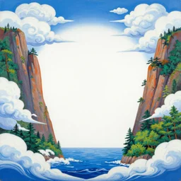 hyperrealism general plan composition on the borders of the picture mountains, clouds, trees, sea and waves, empty space in the middle, pop - art style, jacky tsai style, acrylic on canvas