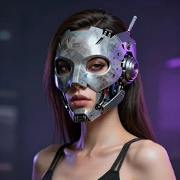sexy beautiful woman head made of mech mask rendered in unreal engine, cyberpunk, rave, scifi, painted by albrecht durer | bernard buffet | carne griffiths | wlop