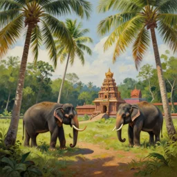 sri lankan landscape, coconut trees, elephants, temples, dmt, volumetric lighting, volumetric shadows, realistic oil painting by tomas sanchez