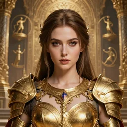 professional digital art of a hyper realistic and highly detailed photography beautiful woman in a beautiful complex and sexy golden armor. girl's face and eyes are hyper realistic, symetric, and highly detailed. background is an ancient temple, knights of zodiac. greg rutkowski, zabrocki, karlkka, jayison devadas, intricate, artstation, 8 k, unreal engine 5