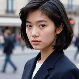 ektachrome, 3 5 mm, highly detailed : incredibly realistic, youthful asian demure, perfect features, cute haircut, atheletic agency model, beautiful three point perspective extreme closeup 3 / 4 portrait photo in style of chiaroscuro style 1 9 9 0 s frontiers in flight suit cosplay paris street photography vogue fashion edition