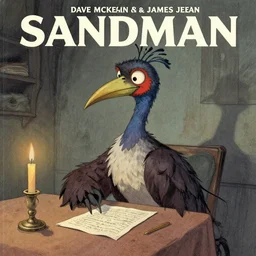 an anthropomorphic cassowary fortune teller sitting by a table on the cover of a vintage sandman graphic novel by dave mckean and james jean, muted colours, dreary atmosphere