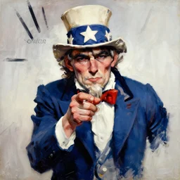 expressive exaggerated portait painting of uncle sam, alex ross!!!, phil hale!!!!, visible brush strokes, graphic,'action lines '!!!!, striking, sharp, hd image