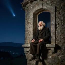 portrait of an old man sitting in a stone watchtower next to a window, night sky through window, polaris, the north star, 8 k, trending on artstation, artgerm, ultra detailed, portrait, rossdraws, frank frazetta, andrei riabovitchev, marc simonetti, greg rutkowski, by hieronymus bosch,