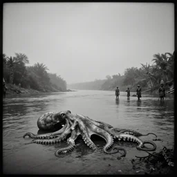 heavy vignette!,wide angle river, low angle, fishmen men standing in river, scary unproportionable dead body of oversized giant octopus on side of the tribal river  ,  dramatic dark , foggy,grayscale 1900s picture