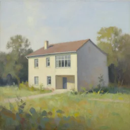 a beautiful painting of a building in a serene landscape