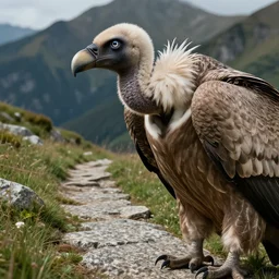 closeup of a vulture granite and grass mountain path in avila mountains, 4 k, concept art, by wlop, ilya kuvshinov, artgerm, krenz cushart, greg rutkowski, pixiv. cinematic dramatic atmosphere, sharp focus, volumetric lighting, cinematic lighting, studio quality, detailed vulture. feathers. eyes reflections