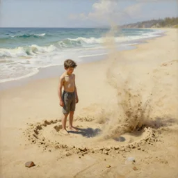 a full shot of a little man made of sand, standing on a beach, slowly eroding due to wind, intricate details, art by franz kafka, contest winner, fantasy art, oil on canvas