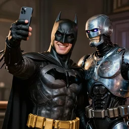 Photography, A Batman taking a selfie with A Robocop, big smile