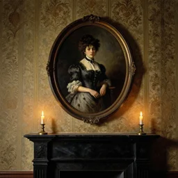 a wall with antique wallpaper, in the center an oval painting depicting a victorian lady posing, under a fireplace with lighted candles on it, dark, disturbing atmosphere, highly detailed, unsettling, realistic oil painting honore daumier
