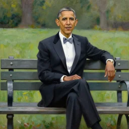 oil painting of obama in a tuxedo sitting on a park bench