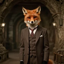 anthropomorphic furry fox wearing suit explores underground city, 1 9 3 0 s film still