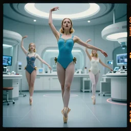 Cinestill 50d, 8K, 35mm,J.J Abrams flare; beautiful ultra realistic vaporwave minimalistic pointé posed  Zelda in space(1950) film still medical lab dance scene, 2000s frontiers in blade runner retrofuturism fashion magazine September hyperrealism holly herndon edition, highly detailed, extreme closeup three-quarter pointé posed model portrait, tilt shift zaha hadid background, three point perspective: focus on anti-g flight suit;pointé pose;open mouth,terrified, eye contact, soft lighting