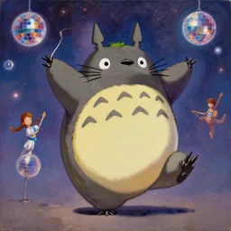 a beautiful painting of totoro dancing at the disco, highly detailed, sharp, 4 k, 8 k, oil on canvas