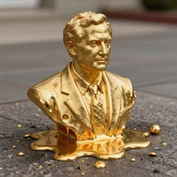 melting bust of presidential candidate george w. bush golden, the statue is melting with drips of molten metal falling apart ground angle, uhd 8 k, sharp focus