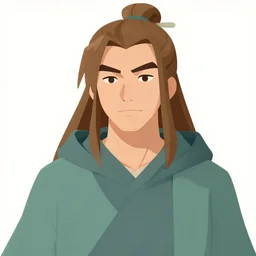 a man in his late twenties with long light brown hair tied back, a widows peak and a round face wearing a hoody, in the style of avatar the last airbender, digital art