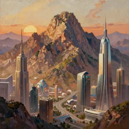 beautiful landscape mountain futuristic urban, concept art, beautiful composition, hyperdetailed oil painting, photorealistic, cinematic, warm colors, 8 k, trending on artstation