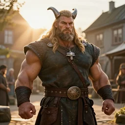 viking gigachad hero in norwegian courtyard, wearing a tunic, herculean bulging muscular figure, beautiful gigachad, golden hour. warm lighting, sunrise, beams of sunlight, iso 1 0 0, highly detailed face!!, sharp focus, artstation, sophie anderson, arnold armitage, loish, thomas kinkade