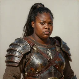 portrait painting of a chubby black warrior woman with a ponytail wearing battered leather armor, sharp focus, award - winning, trending on artstation, masterpiece, highly detailed, intricate. art by seb mckinnon