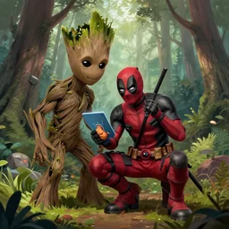 deadpool and groot in the woods playing digital art 4 k detailed
