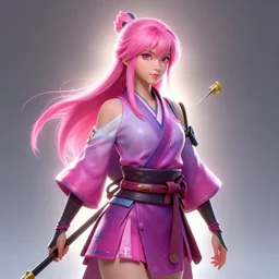 painted character, pink haired samurai girl, bright backlit, key lighting, smooth, gaudy colors, maya render, octane render aesthetic, dota matte painting concept art, official fanart behance hd artstation by jesper ejsing, by rhads and lois van baarle and ilya kuvshinov and rossdraws