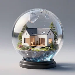 crystal sphere with mini modern house inside it, octane render hyperdetailed,