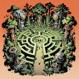 hyper detailed comic illustration of a mechanical maze forest, by Ralph McQuarrie, Syd Mead and Android Jones intricate details, vibrant, solid background, low angle fish eye lens