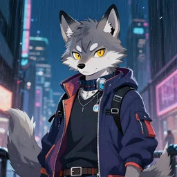 character portrait of a male anthro wolf fursona with a tail and a cute beautiful attractive detailed furry face wearing stylish cyberpunk clothes in a cyberpunk city at night while it rains. hidari, color page, tankoban, 4K, tone mapping, Akihiko Yoshida. Nomax, Kenket, Rukis.