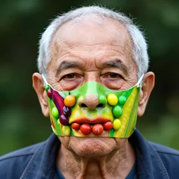 an elderly man wearing a mask made from skittles, bold natural colors, national geographic photography, masterpiece, 8 k, raw, unedited, symmetrical balance