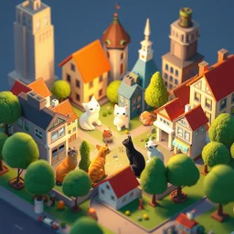 pixar animation of an isometric city made for cats