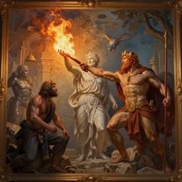 Prometheus stealing fire from the Gods. In the style of an  incredibly awe-inspiring Bruce Pennington Thomas Cole and Grimshaw digital art mural painting. unreal engine, 4k, octane render, matte, exquisite detail