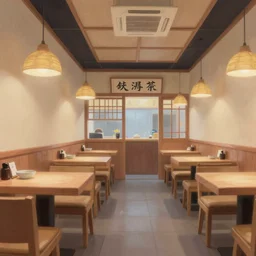 a small Japanese restaurant interior, painting by Craig Mullins, octane rendering, soft lighting, wide angle lens, low view, in the style of Pixar animation, trending on artstation,