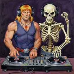 a painting of he-man and skeletor wearing headphones DJing with DJ turntables, craig mullins, greg rutkowski