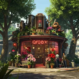 hardmesh retro futurist post - apocalyptic steampunk fallout crimson noir flower shop exterior in the street lined with lush summer trees, hyper realistic, art gta 5 cover, official fanart behance hd artstation by jesper ejsing, by rhads, makoto shinkai and lois van baarle, ilya kuvshinov, ossdraws, feng zhu and loish and laurie greasley, victo ngai