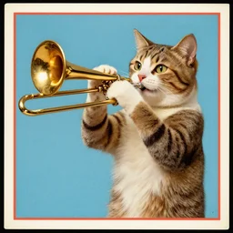 an humanoid cat playing a trombone, postcard art 1 9 5 0