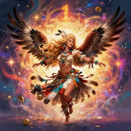 quirky cute dancing eagle woman, long blonde hair, engulfed in funkadelic aura, 1 1 1 1, lakota sioux, feathers, surreal illustration, alphonse mucha, rhads, ross tran, artstation, artgerm, octane render, 1 6 k