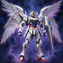a highly detailed painting of an angelic mecha shrouded in nebula magic by android jones, moebius, darling in the franxx, 4 k, 8 k, detailed line art, sharp, oil on canvas