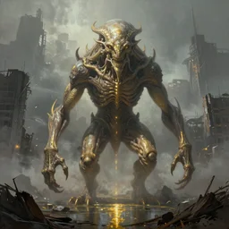 ultra realist soft painting of a single lovecraftian gigantic creature on a ruined city, very intricate details, dense deep fog, golden ratio, volumetric cinematic lighting, reflections, refractions, symmetry accurate anatomy features, omnious background, unreal render