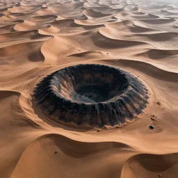 landscape photo of a round black crater in a desert surrounded by sand dunes in the shape of an iris, drone photo