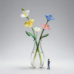 i dream of a vase flowers, modern, studio, miniature models made of glass, studio light