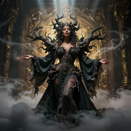 photoshoot of janelle monae as mysterious dark goddess of death, realism, clouds, swirling energy, torn fabric, elaborate ornate growth, gilded relief, volumetric lighting, light shafts, ambient light, trending on artstation, by alessio albi