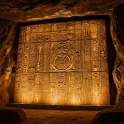 ancient cave, nahuatl script, technology, hall of records, glowing, photorealistic