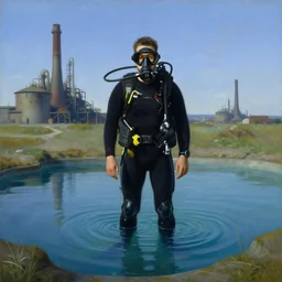 a portrait of a solitary scuba divers is standing in a small wading pool. ; factory in the background. the sky is cloudless. surrealist detailed oil painting, max ernst