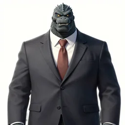 a large anthropomorphic godzilla wearing a business suit by paul lehr and moebius