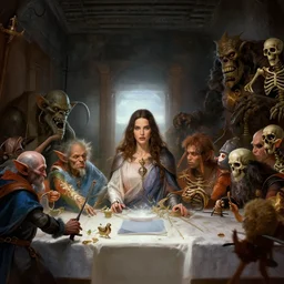dnd last supper, kate beckinsale as paladin at center, goblin, mage, skeleton, orc, troll, golem, 8 k, deep focus, d & d, fantasy, intricate, elegant, highly detailed, digital painting, artstation, concept art, matte, sharp focus, illustration, hearthstone, art by greg rutkowski and alphonse mucha