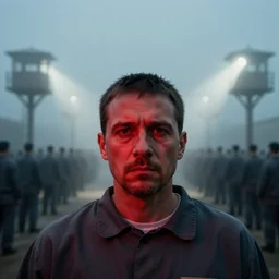 a cinematic headshot portrait of an emotional middle aged male prison yard, fog filled, spotlights shine down from the watchtowers, perfectly lit face, ultra realistic, depth, beautiful lighting, red glow, ephemeral