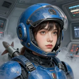 portrait of bluepunk armor airforce girl, helmet, fighter control room, missile, fog, highly detailed, digital painting, face detail, sharp focus, art, illustrations by loish and ayanamikodon and irakli nadar and rossdraws and wlop