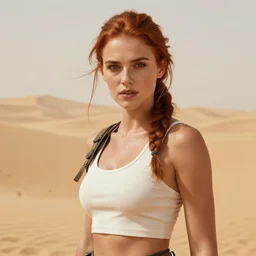 fantasy portrait, young woman, auburn hair, athletic, slavic features, tomb raider, desert background, in the style of ruan jia, high detail, uplit, 8 k