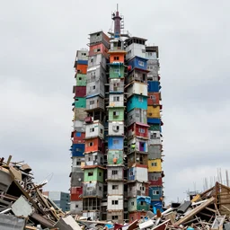 a close - up view of a single high tower made up of various colourful makeshift squatter shacks, surrounded by collapsing construction material, sony a 7 r 3, f 2 2, fully frontal view, photographed by wolfgang tillmans, ultra detailed,